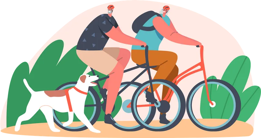 Älteres Ehepaar fährt mit Hund Fahrrad im Park  Illustration