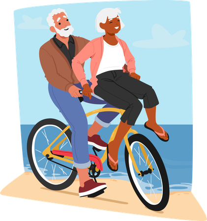 Älteres Paar lacht beim Ausruhen auf dem Fahrrad am Strand  Illustration