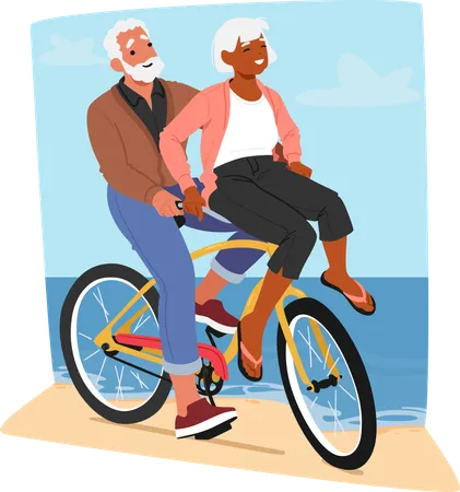 Älteres Paar lacht beim Ausruhen auf dem Fahrrad am Strand  Illustration