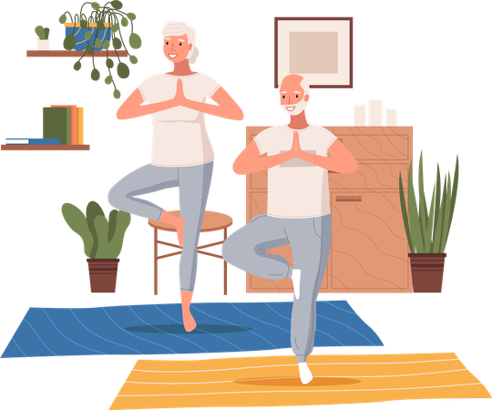 Älteres Paar macht gemeinsam Yoga-Übungen zu Hause  Illustration