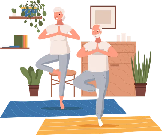 Älteres Paar macht gemeinsam Yoga-Übungen zu Hause  Illustration