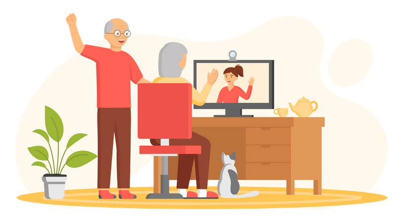 Älteres Ehepaar unterhält sich per Videoanruf mit Tochter  Illustration