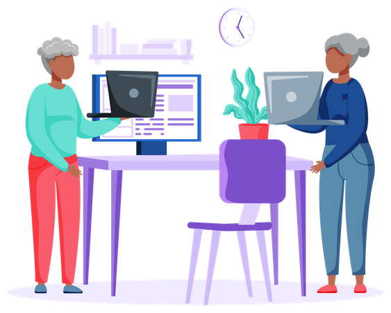 Älteres Ehepaar arbeitet am Computer  Illustration