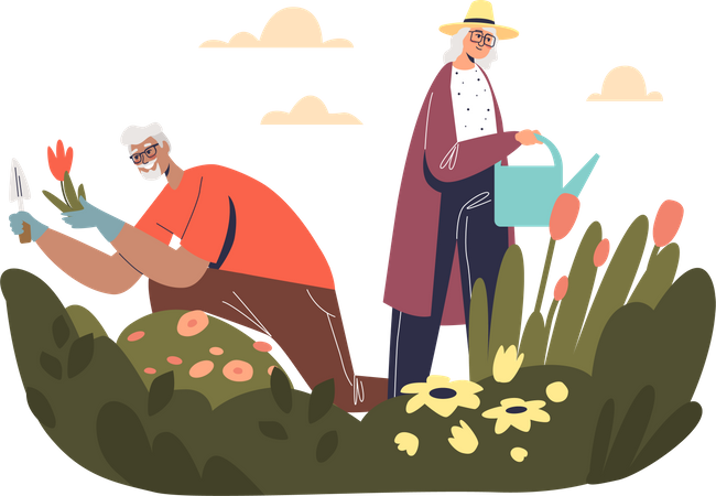Älteres Paar bei der Gartenarbeit  Illustration