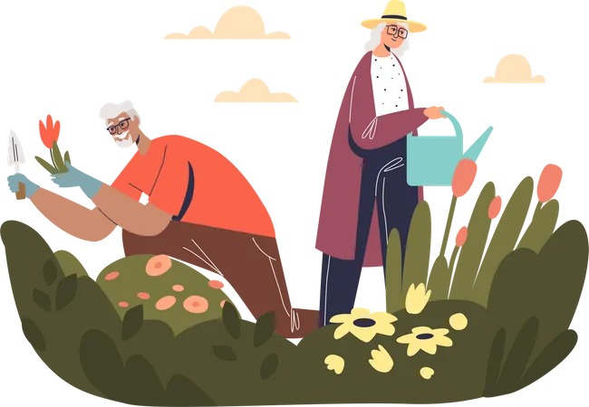 Älteres Paar bei der Gartenarbeit  Illustration