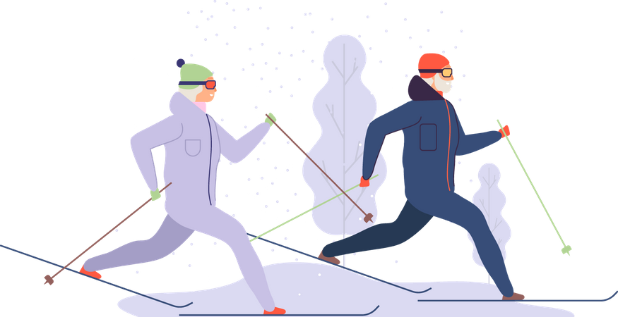 Älteres Paar beim Eisskifahren  Illustration