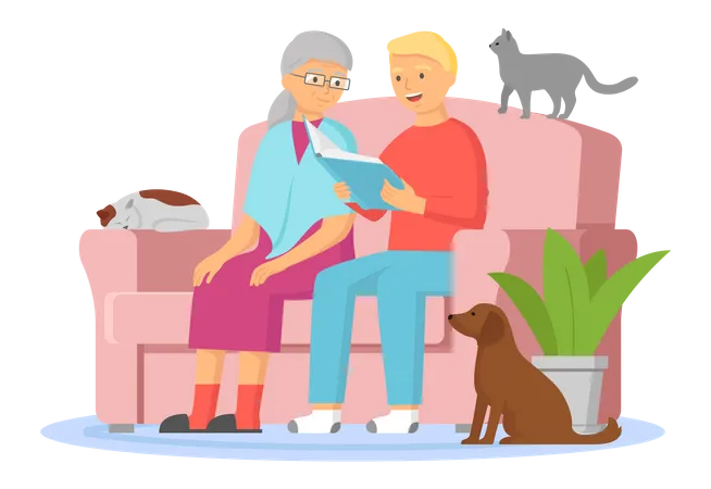 Älteres Paar liest Buch  Illustration