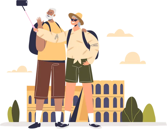 Älteres Paar macht Selfie im Urlaub  Illustration