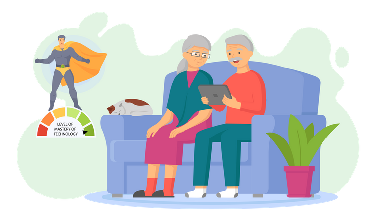 Älteres Paar schaut sich Videos auf Tablet an  Illustration