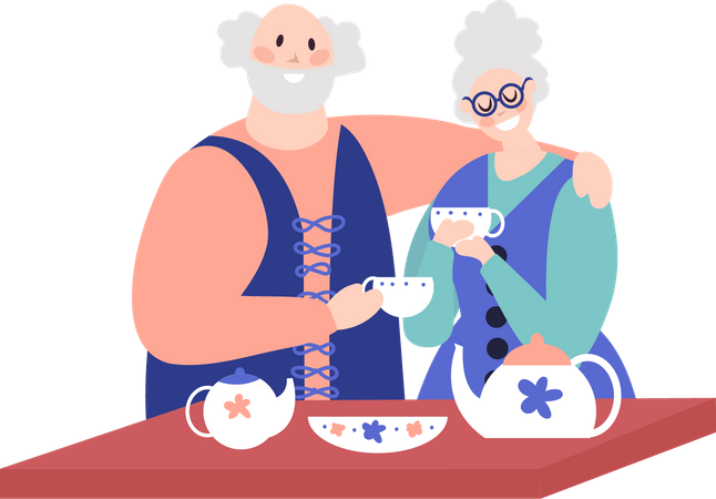 Älteres Ehepaar trinkt Kaffee  Illustration