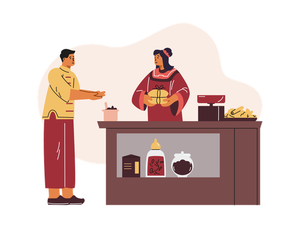 Alternative Chinese medicine store with buyer and seller  Illustration