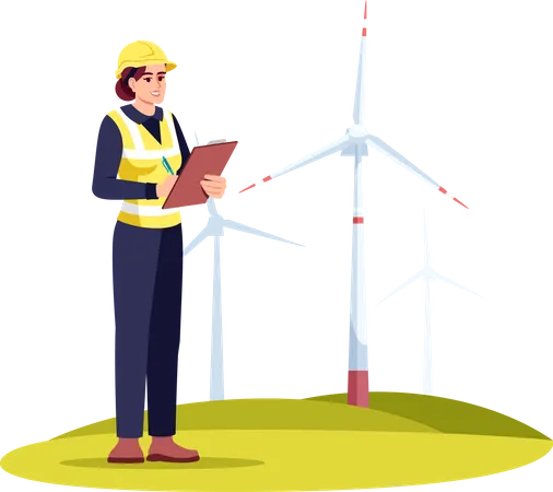 Alternative Energy Engineer Semi Flat RGB Color Vector Illustration Electricity Ecological Generators Renewable Electric Power Industry Female Worker Isolated Cartoon Character On White Background Illustration