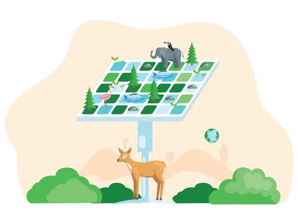 Alternative Sources Of Energy Production Of Green Electricity Without Harm To Environment Creation Of Eco Friendly Energy Save Ecosystem Concept Solar Panel With Different Animals And Birds Illustration