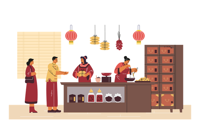 Geschäft für alternative Medizin mit Verkäufern in traditioneller chinesischer Kleidung  Illustration