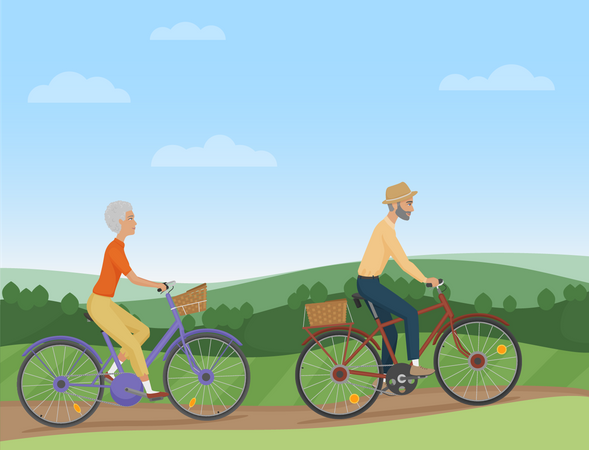 Altes Paar Fahrrad fahren im park  Illustration