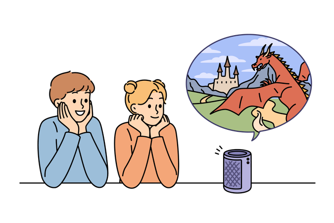 Alto-falante inteligente lê contos de fadas para crianças pequenas e conta histórias fantásticas sobre dragões e castelos  Ilustração