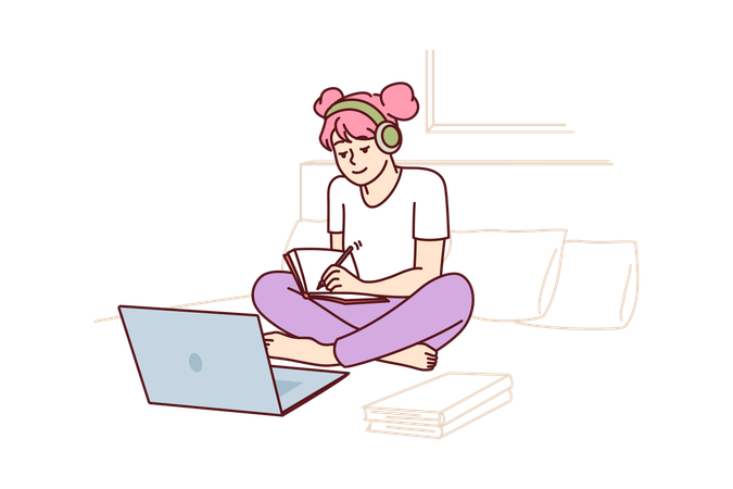 Aluna assiste webinar em laptop recebendo educação a distância sentada na cama  Ilustração