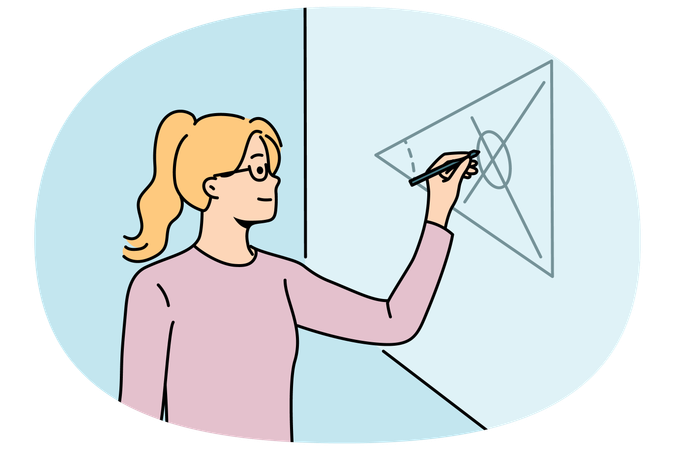 Aluna de escola de matemática escreve fórmulas no quadro negro enquanto resolve equações complexas  Ilustração