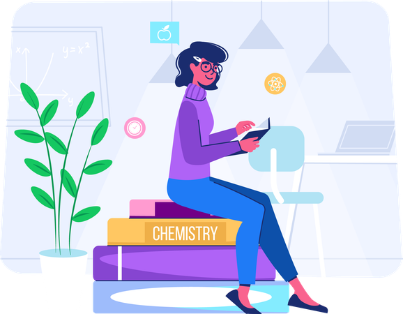 Aluna estudando aula de química  Ilustração