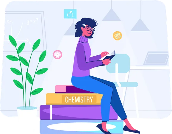 Aluna estudando aula de química  Ilustração