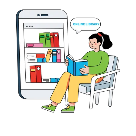 Estudante folheando livros em biblioteca online  Ilustração