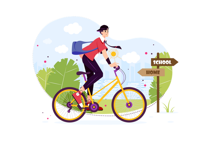 Estudante andando de bicicleta para chegar à escola  Ilustração