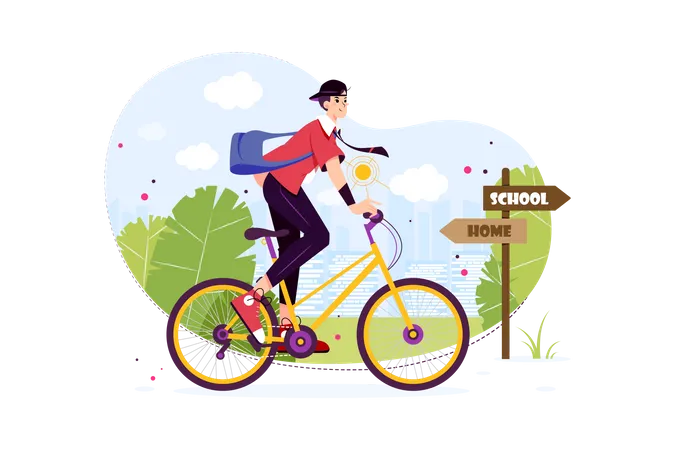 Estudante andando de bicicleta para chegar à escola  Ilustração