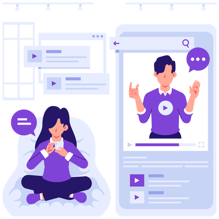 Aluno aprende com aula online  Ilustração