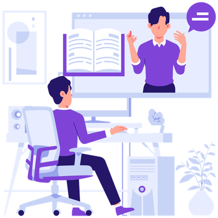 Aluno aprende com aula online  Ilustração