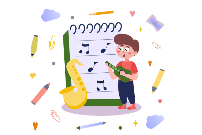 Aluno aprende música na aula de música  Ilustração