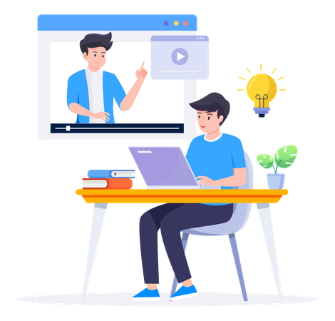 Aluno aprendendo on-line por vídeo  Ilustração