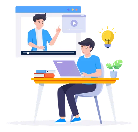 Aluno aprendendo on-line por vídeo  Ilustração