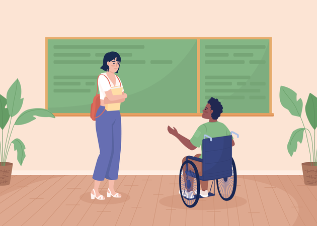 Aluno com deficiência com amigo em sala de aula  Ilustração