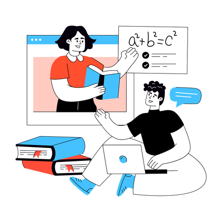 Aluno assiste aula de matemática online  Ilustração