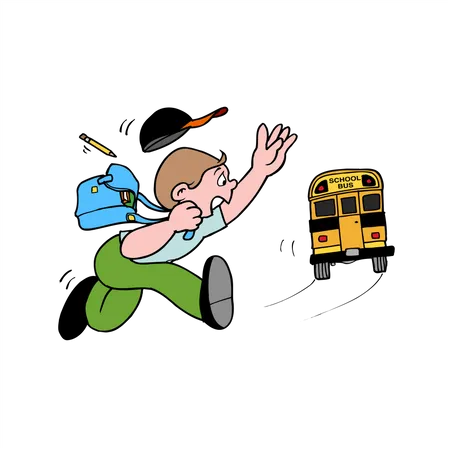 Estudante correndo para pegar o ônibus escolar  Ilustração