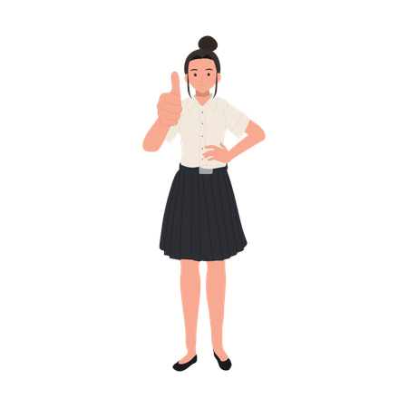 Aluno de uniforme mostrando gesto positivo com o polegar para cima  Ilustração