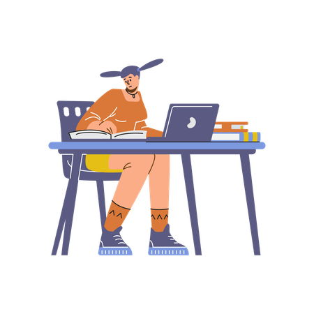 Aluno em sessão de estudo com laptop e livros na mesa  Ilustração