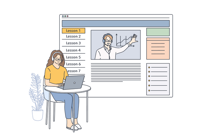 Aluno está participando de aula on-line  Ilustração