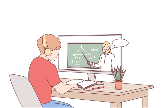 Aluno está participando de aula de matemática on-line  Ilustração