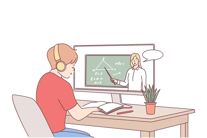 Aluno está participando de aula de matemática on-line  Ilustração