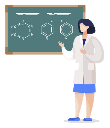 Aluno explicando a fórmula molecular no quadro negro  Ilustração