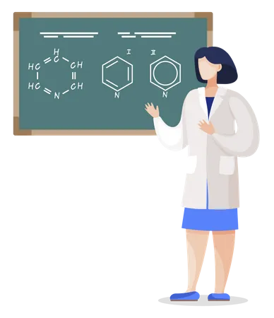 Aluno explicando a fórmula molecular no quadro negro  Ilustração