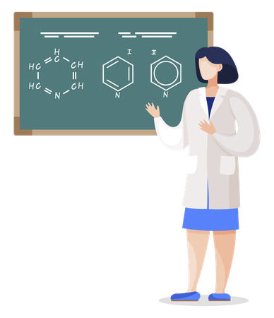 Aluno explicando a fórmula molecular no quadro negro  Ilustração