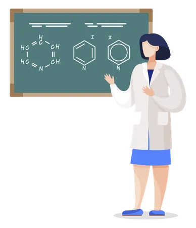 Aluno explicando a fórmula molecular no quadro negro  Ilustração