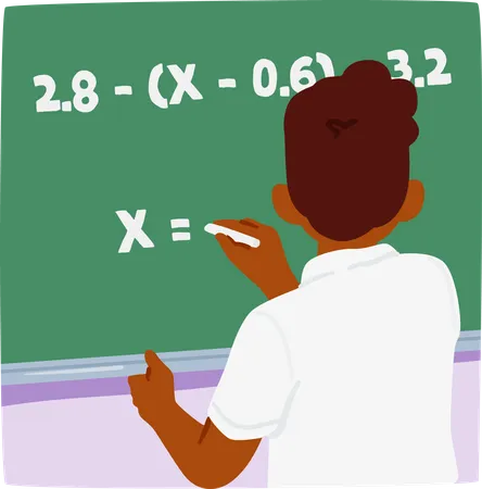 Estudante focado resolvendo problemas de matemática com confiança no quadro negro  Ilustração
