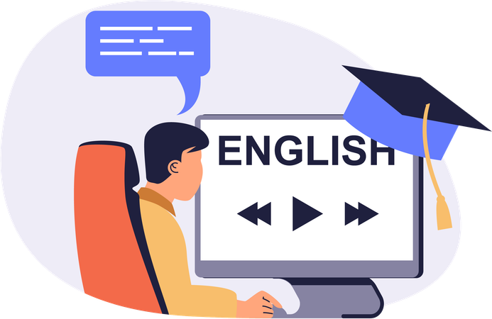 Estudante frequentando cursos de inglês online  Ilustração