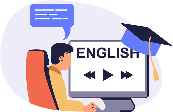 Estudante frequentando cursos de inglês online  Ilustração