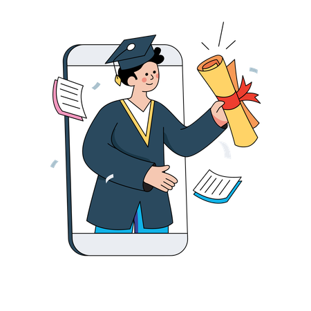 Estudante obtendo diploma de graduação online  Ilustração