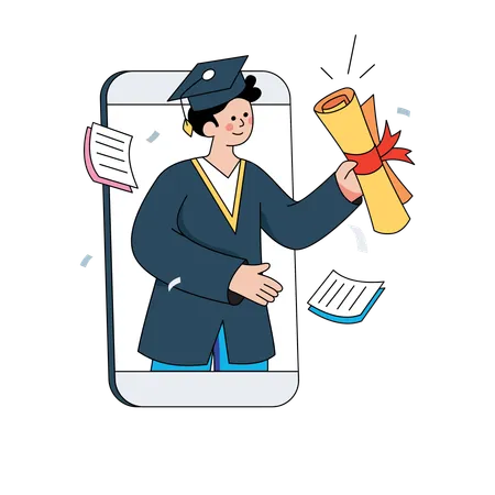 Estudante obtendo diploma de graduação online  Ilustração