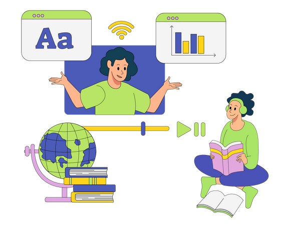 Aluno participando de aula de matemática on-line usando fones de ouvido  Ilustração